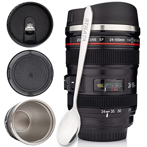 STRATA CUPS Camera Lens Coffee Mug 13.5oz with Lids