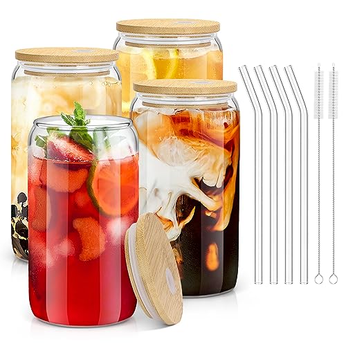 Sungwoo 4-Piece Glass Cups with Bamboo Lids & Straws