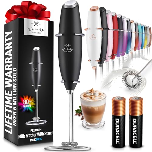 Zulay Kitchen Handheld Milk Frother with 2 AA Batteries - Electric Whisk for Coffee, Lattes, and Hot Chocolate - Black