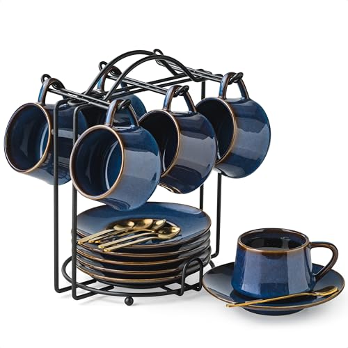YHOSSEUN Espresso Cups Set - 6 Blue 4oz Ceramic Cups