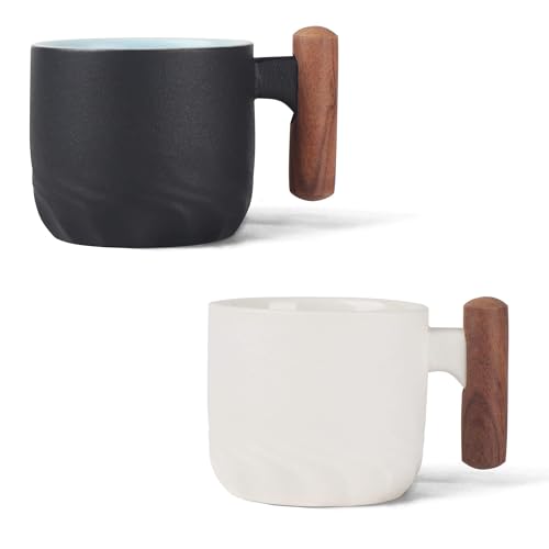 Zurucily 2oz Ceramic Espresso Cups with Wood Handles Set