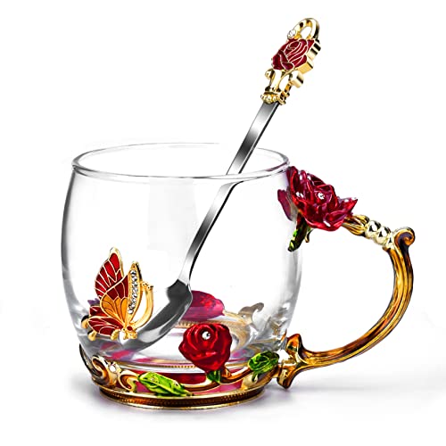 OEAGO Glass Coffee Mug with Butterfly Rose Design & Spoon