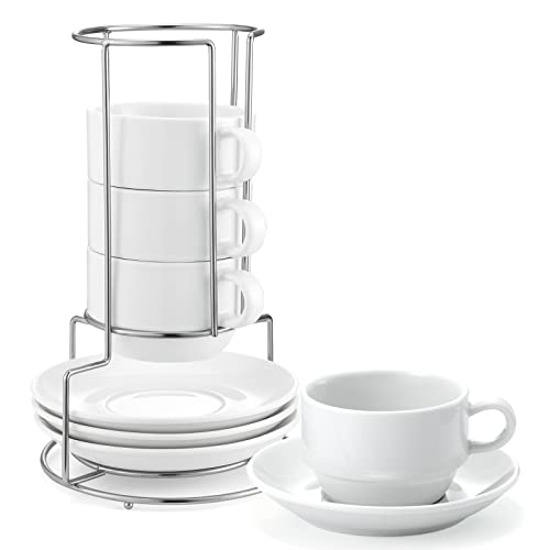 Yedio 4oz Espresso Cups Set with Stand - White Porcelain