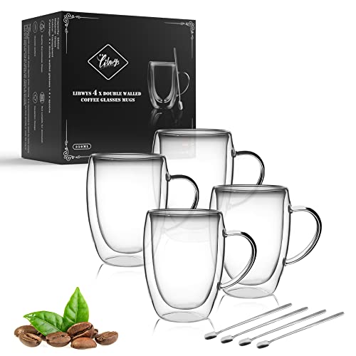 LIBWYS Double Wall Glass Coffee Mugs Set of 4 - 12oz