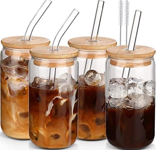 DWTS Glass Coffee Cups with Bamboo Lids & Straws Set of 4