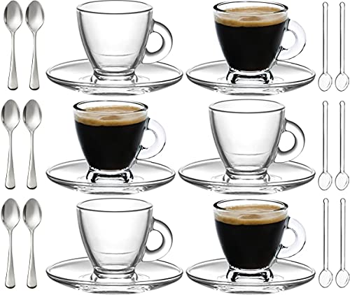 BOHEM'S Glass Espresso Cups Set - 6 Cups with Saucers