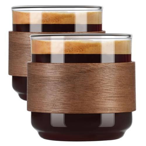 PARACITY Glass Espresso Cups Set - 2 Cups with Wooden Ring
