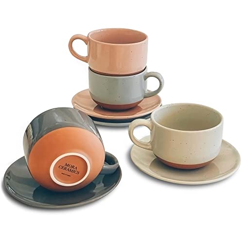 Mora 8oz Ceramic Cappuccino Mugs Set of 4 with Saucers