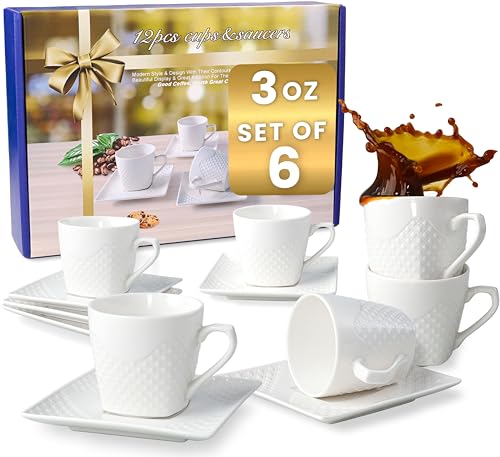 FUOCCI Espresso Cups Set - 3oz Porcelain with Saucers (6)