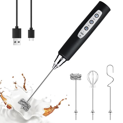 YUSWKO Rechargeable Milk Frother with 3 Heads & Speeds