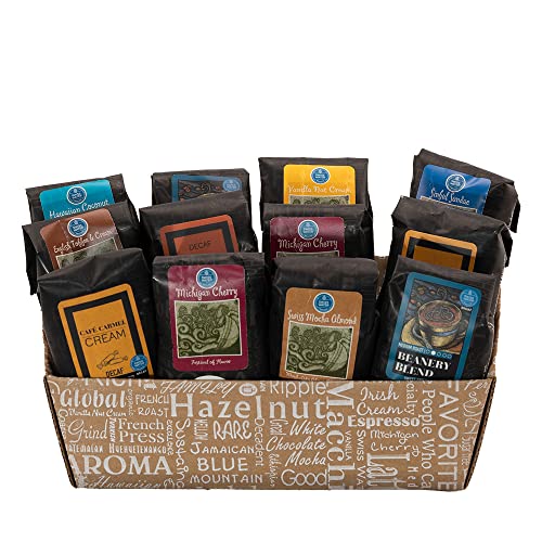 Coffee Beanery Decaf Coffee Gift Basket - Swiss Water Process - 12 Flavored Arabica Coffee Samplers