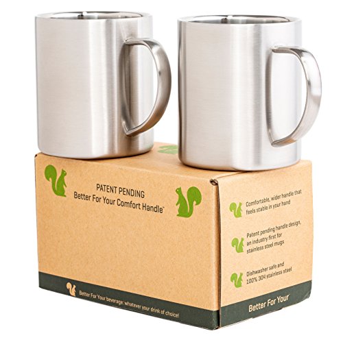Stainless Steel Coffee Mugs - Double Wall Insulated with Wide Handle, 13.5oz (Set of 2)