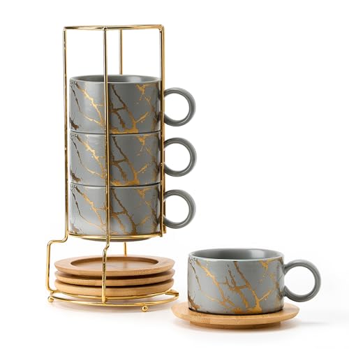 LUKA Gray Porcelain Espresso Cups Set with Stand (4 Cups)