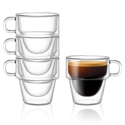 JoyJolt Double Wall Espresso Cups Set of 4 - 5oz Glass