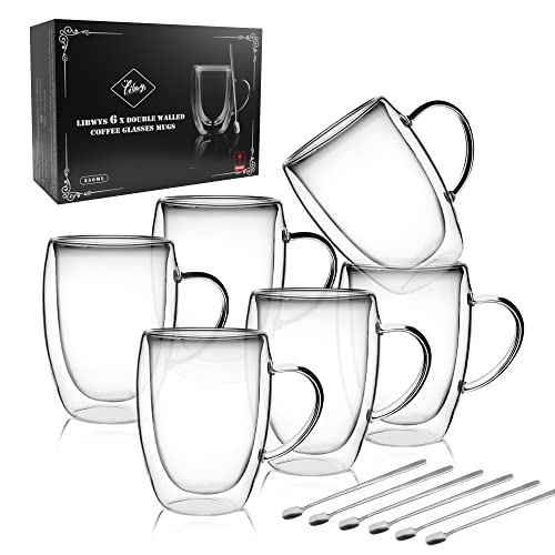 LIBWYS Double Wall Glass Coffee Cups 12oz Set of 6