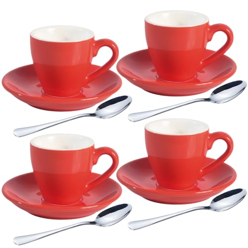 homEdge Red Espresso Cup Set - 4 Cups, Saucers & Spoons