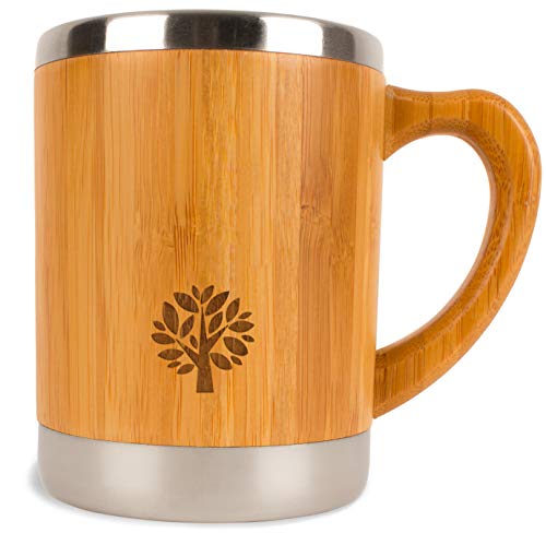 Stainless Steel & Bamboo Insulated Coffee Mug with Lid - 11 oz