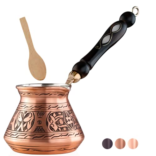 BCS Turkish Coffee Pot 12oz Copper Cezve with Wooden Handle