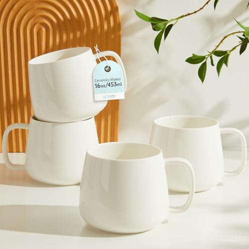 Teocera White Ceramic Coffee Mugs Set of 4 - 16oz