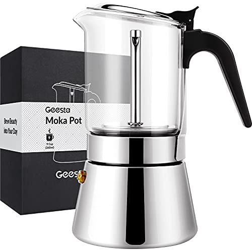 Geesta Glass-Top Moka Pot 9-Cup Stainless Steel Espresso