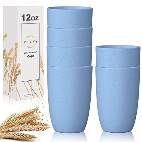 Wheat Straw Cups Set of 6 - 12oz Reusable Drinking Cups, Light Blue