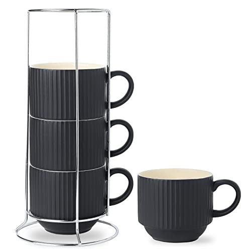HASENSE Black Coffee Mug Set of 4 with Stand - 15oz